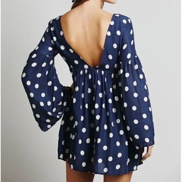 Free People Polka Dot Mini Dress with bell sleeves Navy and white sz xs - Picture 2 of 10